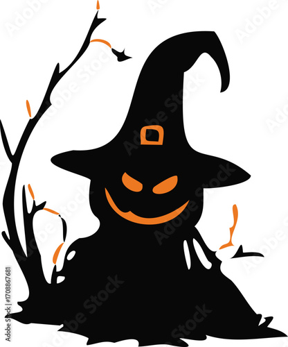 Silhouette of a scary pumpkin in a cap on a stump. Vector illustration on a Halloween theme