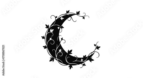 Mystical crescent moon adorned with delicate vines and leaves against a white background.