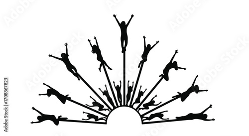 Silhouettes of people reaching upwards in a sunburst pattern, symbolizing success and aspiration.