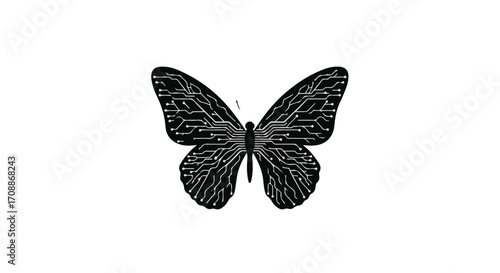 Intricate digital butterfly illustration with circuit board patterns on white background