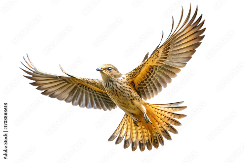 Fototapeta premium Majestic bird of prey captured in mid-flight with extended wings against a stark backdrop isolated on transparent background