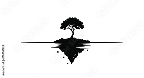 Solitary tree silhouette on a floating island with water reflection, symbolizing growth and peace.