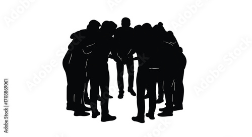 Diverse group of people in silhouette standing together in a circle, symbolizing unity and support.