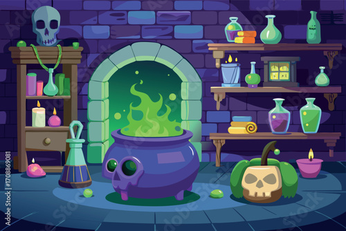 Enchanting halloween potion cauldron scene with spooky decorations and glowing portal vector illustration