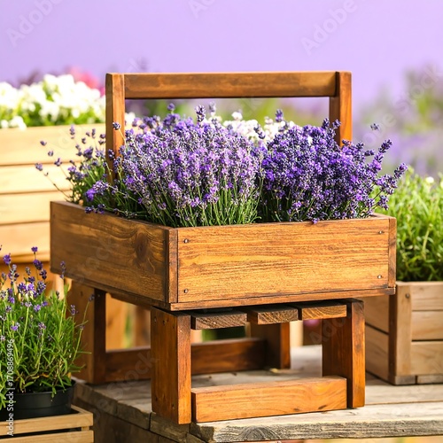 Wooden planter box filled with lavender flowers