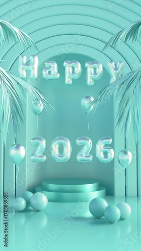 Happy 2026 New Year: Festive Winter Studio with Flying Foil Balloons and Soft Turquoise Glow. Seamless Loop 3D Animation for Holiday Celebration and Cold Season Greetings