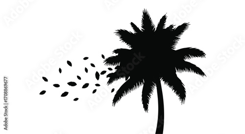 Silhouette of a palm tree with leaves blowing away in the wind against a white background