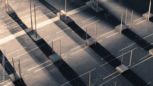 Wallpaper Mural Aerial view of empty parking lot with evenly spaced bollards and marked lanes under sunlight casting long shadows Torontodigital.ca