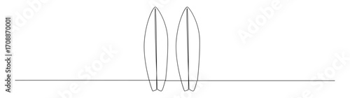 Two surfboards standing against ocean line