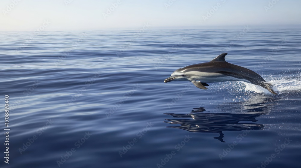 Fototapeta premium Striking Common Dolphin Leaping from Deep Blue Ocean, Reflected in Calm Waters