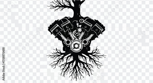 Engine growth symbolizes nature's power merging with mechanical innovation