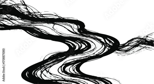 Dynamic black ink brushstrokes flowing across a clean white background, evoking movement and artistic expression.