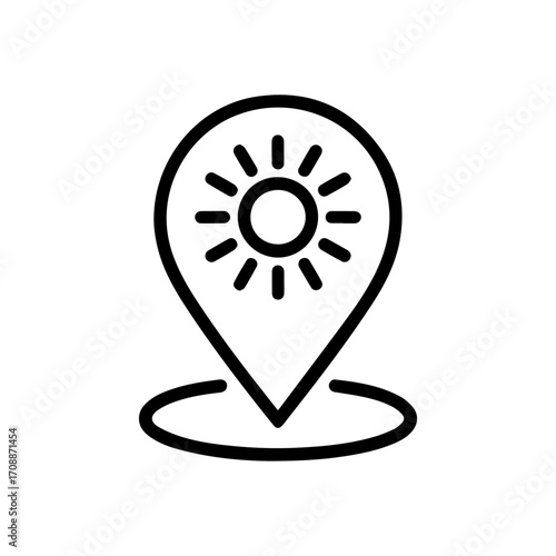 Modern sunshine location icon for weather app or summer travel guide, perfect for maps and climate forecasts, originally a scalable vector graphic