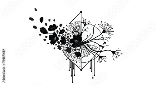 Abstract floral design with geometric elements and scattered petals on white background