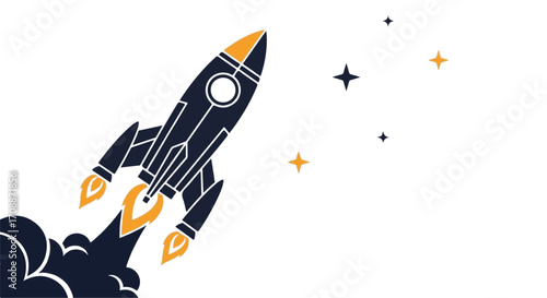 Sleek rocket blasting off into starry space, symbolizing innovation and exploration.