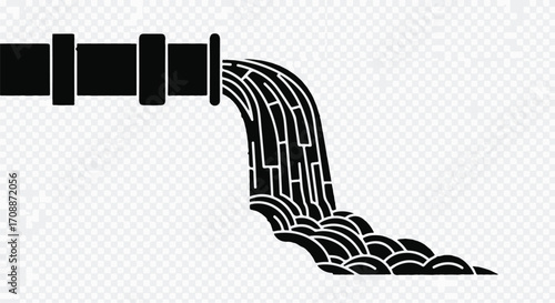 Black silhouette of pipe discharging water creating foamy waves