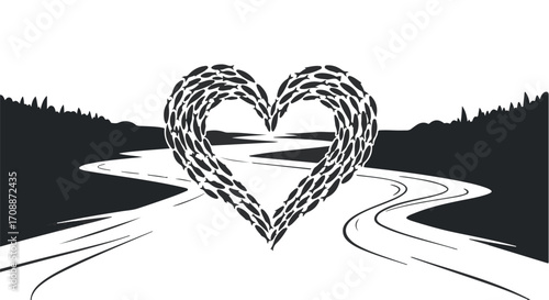 School of fish forms a heart shape on a winding river, symbolizing love and nature's beauty