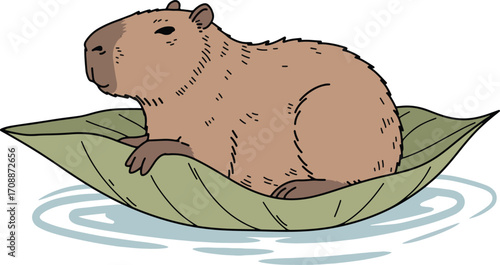 Capybara Relaxing in a Leaf Boat
