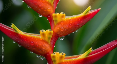 Wallpaper Mural Exotic Red Flower with Yellow Accent Covered in Water Droplets Torontodigital.ca