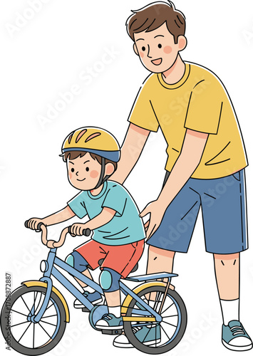 Cartoon child learning to ride bicycle with adult assistance, cycling and safety illustration, family bonding concept, outdoor activity character design, sports training theme, vector art