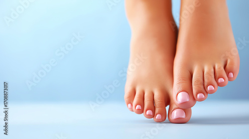 Close-up of human on blue background feet showcasing podiatry, pedicure, and skin care issues. Space for text