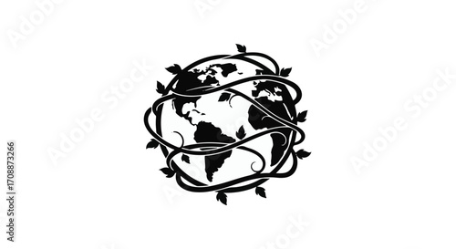 Stylized globe embraced by organic vines, symbolizing global growth and nature's interconnectedness.
