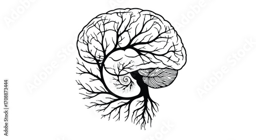 Intricate illustration of a human brain intertwined with branching organic forms, symbolizing thought and growth.
