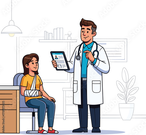Cartoon doctor consulting injured patient, medical check‑up illustration, healthcare and treatment concept, clinical diagnosis and care, hospital visit and recovery, vector design