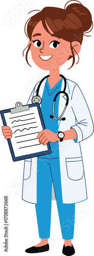 Cartoon healthcare professional with stethoscope and clipboard, medical worker illustration, hospital and clinic concept, doctor or nurse character design, health and care theme, vector art