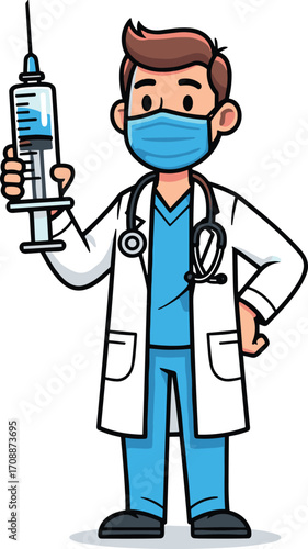 Cartoon doctor holding syringe, medical professional character illustration, healthcare worker in lab coat and scrubs, vaccination concept, hospital staff, public health, vector design