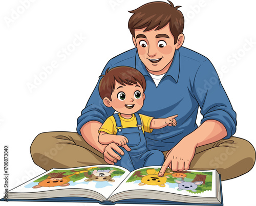 Cartoon adult reading book with child, family bonding illustration, early childhood education concept, parenting and learning together, storytime activity, vector design