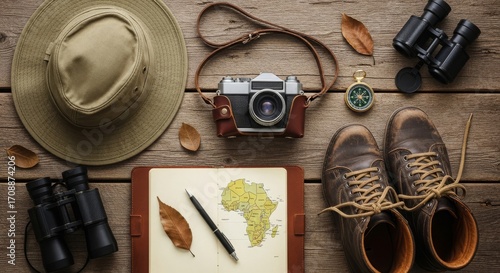 Vintage Travel Gear Arrangement on Rustic Wood Table Top