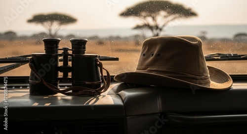 Safari Hat and Binoculars in Vehicle on Sunny African Plain