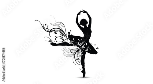 Graceful ballerina silhouette in elegant dance pose with flowing artistic details