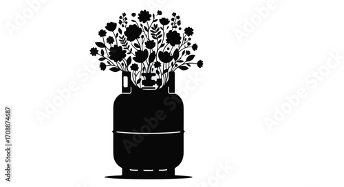 Gas cylinder transformed into a vase overflowing with vibrant flowers, symbolizing growth and renewal.