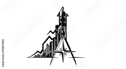 Abstract illustration of upward financial growth with city skyline and compass