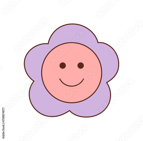 Groovy y2k flower icon in cartoon graphic style with a happy smile and cute pink color. Floral motif and groovy element bring playful retro charm as a positive, graphic symbol for contemporary pop