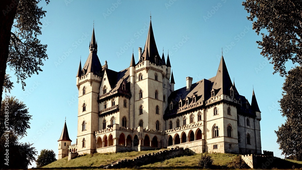 Fototapeta premium Majestic castle rises against a clear blue sky, a historic landmark promising rich cultural heritage tourism