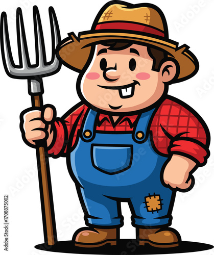 Cartoon farmer holding pitchfork, agriculture and farming illustration, rural lifestyle and harvest concept, traditional farm worker character design, countryside and gardening theme, vector art