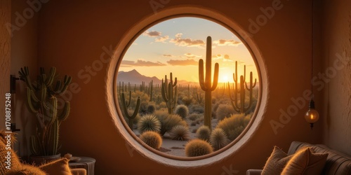 Earth Tones and Golden Light. Southwestern Charm Captured in a Round Window Overlooking a Prickly Paradise.
