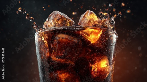 Close-up of Cola with Ice Splashing, Refreshing Cold Drink in Glass – Perfect for Summer Drinks, Beverage Photography, Ads & Marketing