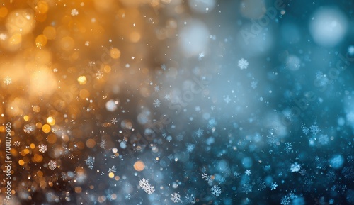 Abstract winter background with warm and cool tones, bokeh and snowflakes