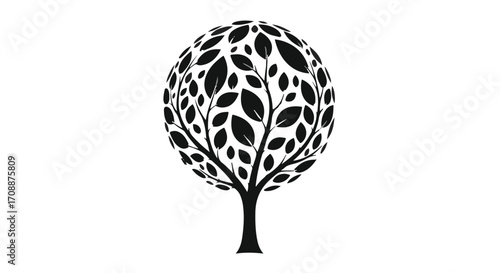Stylized black tree silhouette with leaf-filled canopy on a white background
