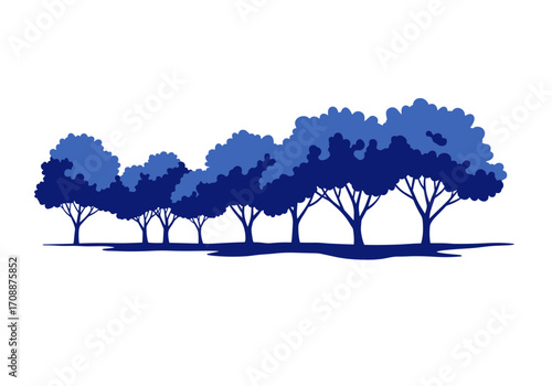 Stylized blue trees forming a row on white background  