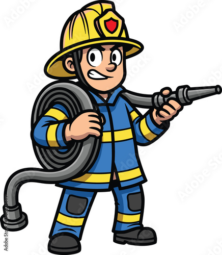 Cartoon firefighter in blue uniform holding fire hose, emergency response illustration, fire safety and rescue concept, brave public service character design, vector art