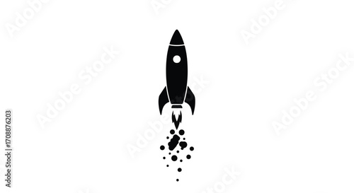Sleek rocket launching into space with fiery exhaust against a clean white background.