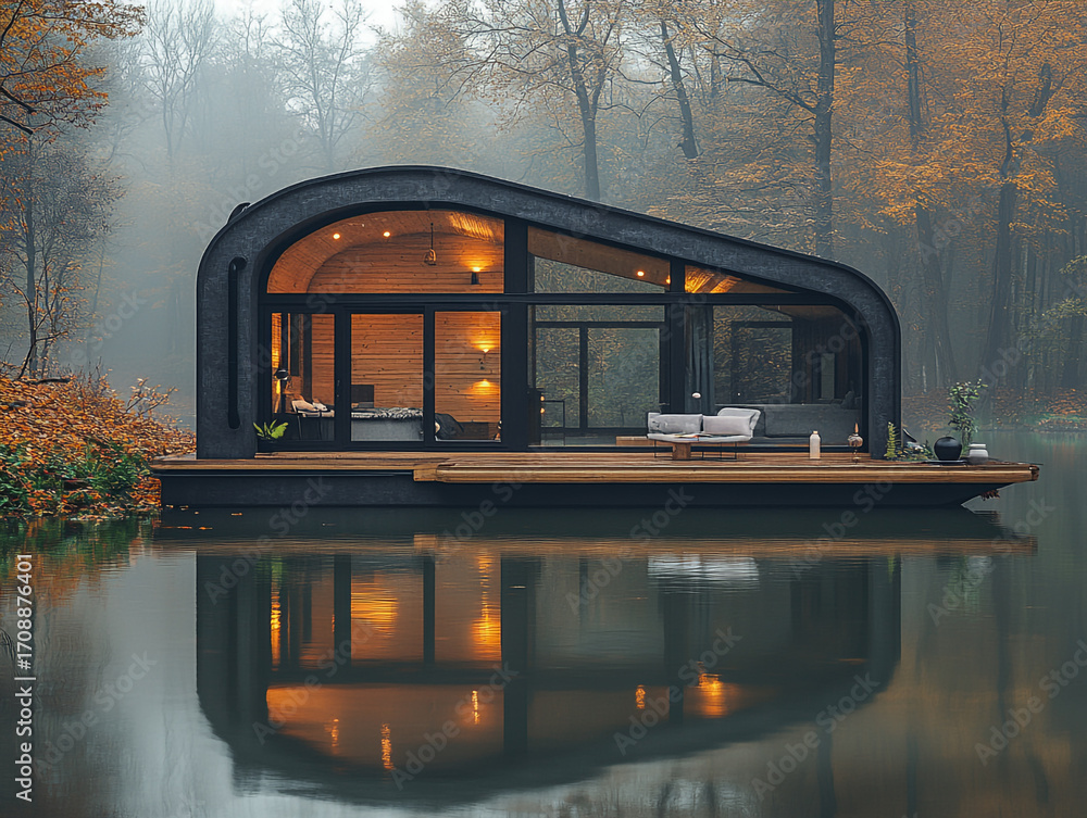 Obraz premium A cozy, modern tiny house with a black exterior and a glass front, sitting on a wooden deck over a misty lake. Warm light glows from inside, reflecting on the water surrounded by autumn trees.