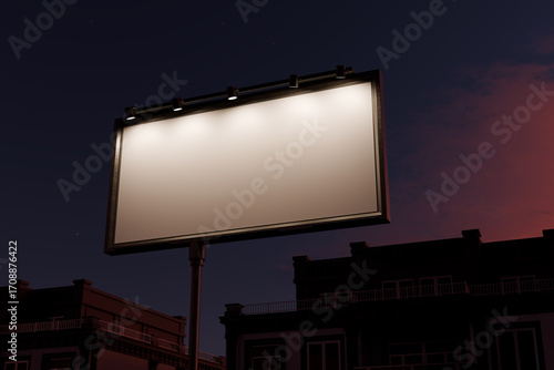 Blank billboard mockup with night lighting, outdoor advertising display in urban city, illuminated large format poster for branding, marketing, and commercial design presentation