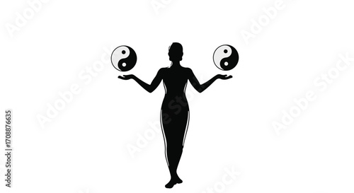Silhouette of a person balancing Yin Yang symbols, representing harmony and duality