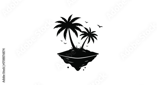 Dreamy tropical island silhouette with palm trees floating in the sky